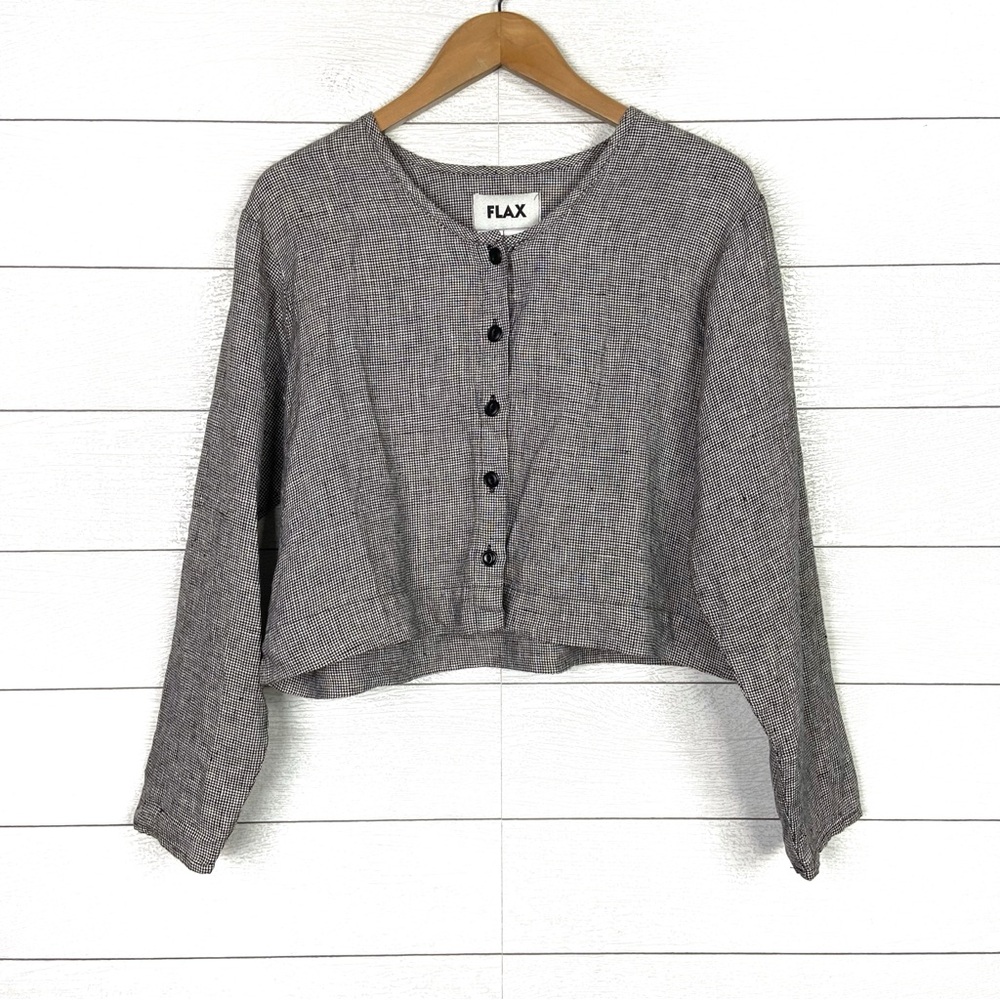 Flax Women's Button-Down Cropped Linen Top in Heather Gray